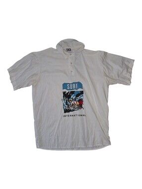 Vintage Generation One White Polo with Blue Surf Graphic and Red Accent